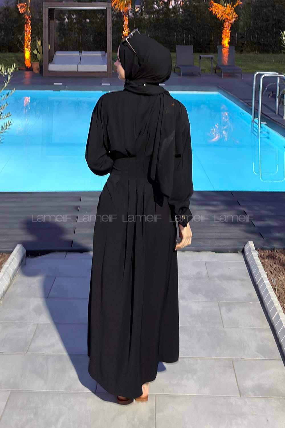 Lamelif Gömlek Yaka Belden Oturtmalı Elbise Siyah
