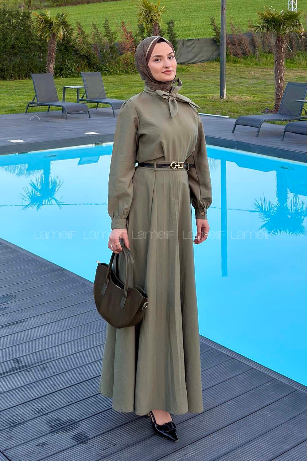 Lamelif Kravat Yaka Etekli Takım Haki