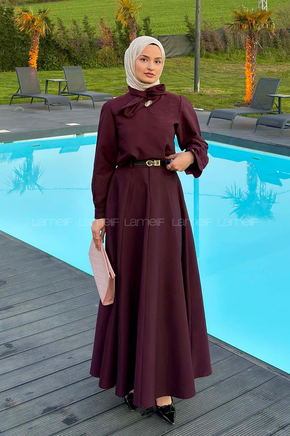 Lamelif Kravat Yaka Etekli Takım Mürdüm