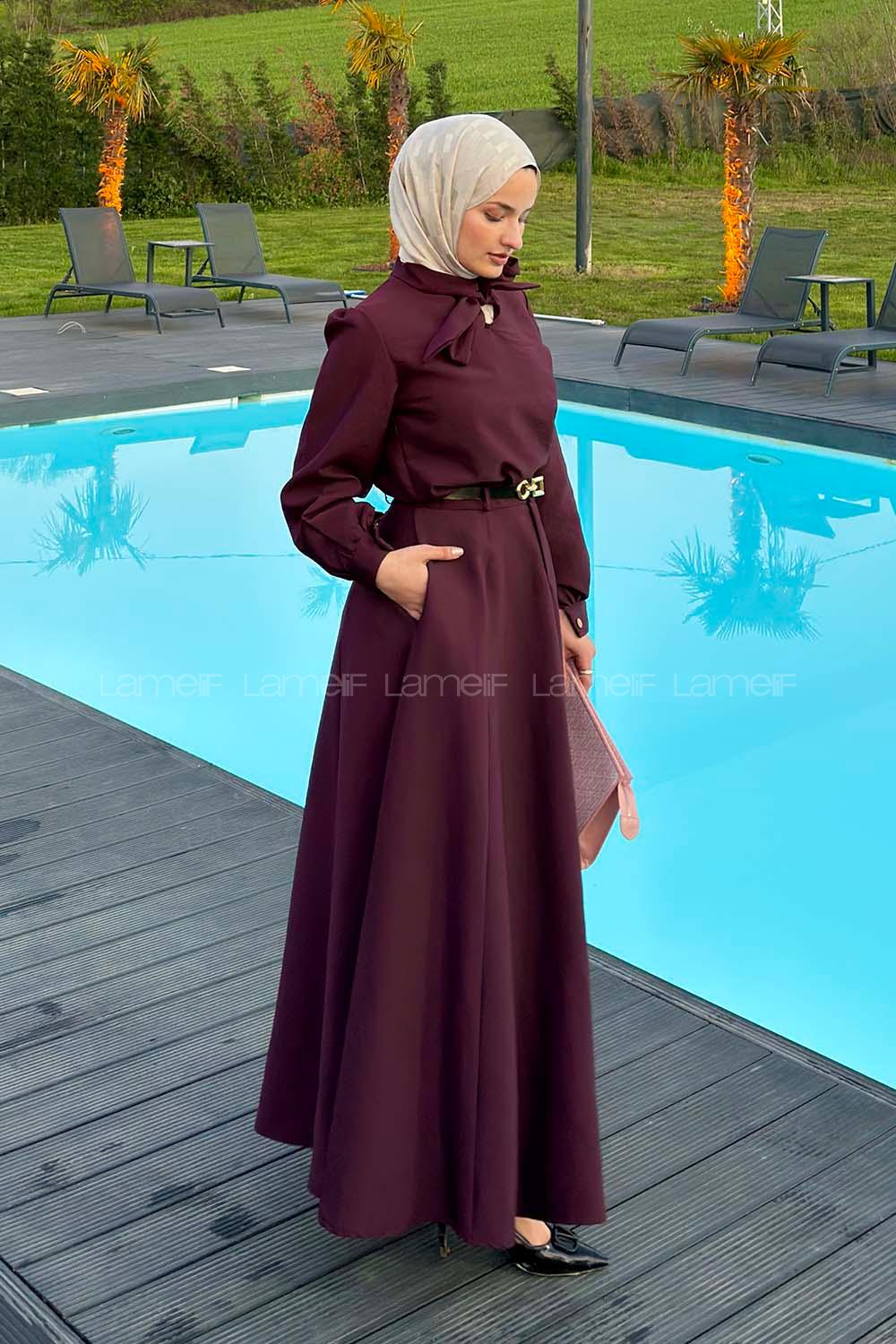 Lamelif Kravat Yaka Etekli Takım Mürdüm