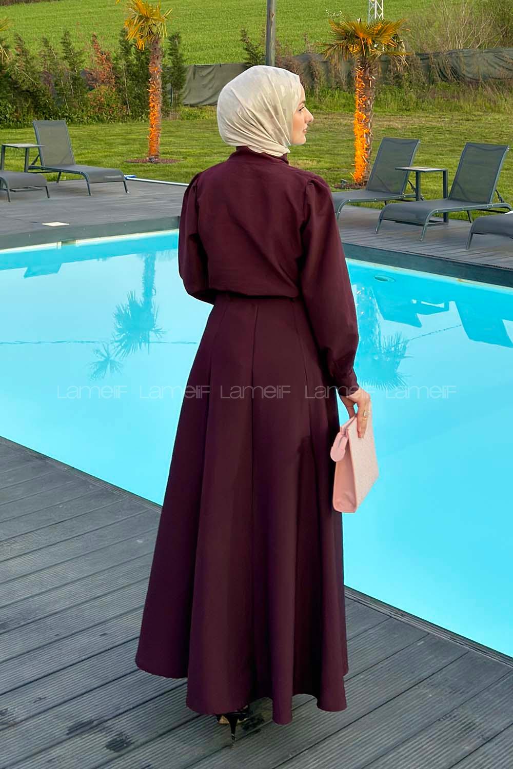 Lamelif Kravat Yaka Etekli Takım Mürdüm