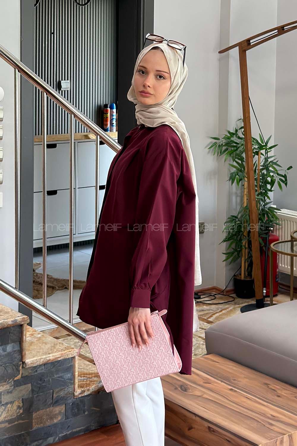 Lamelif Manşeti Biyeli Tunik Bordo