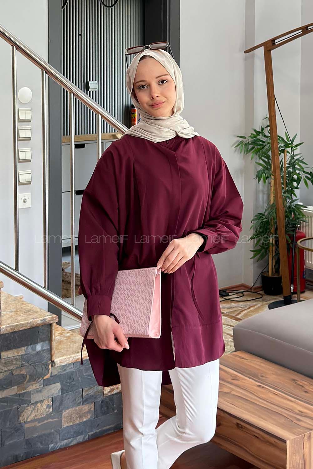 Lamelif Manşeti Biyeli Tunik Bordo