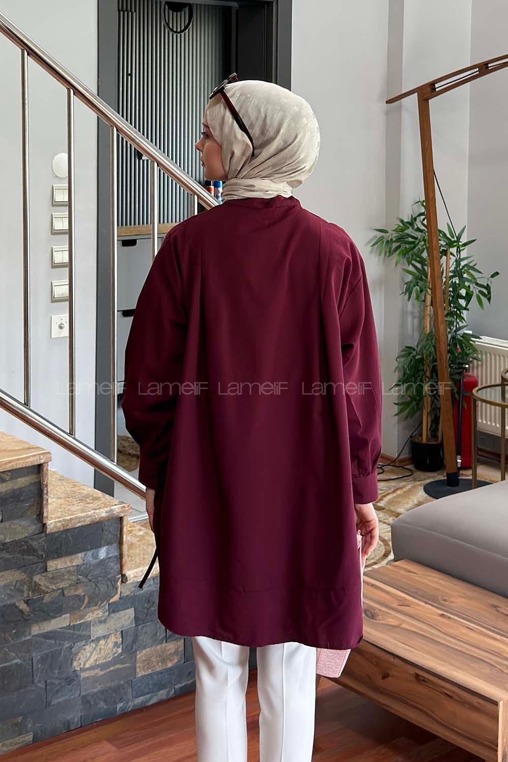 Lamelif Manşeti Biyeli Tunik Bordo