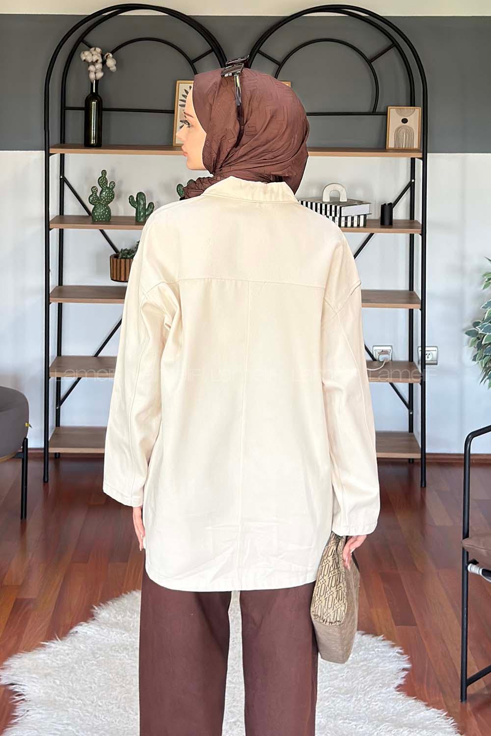 Lamelif Metal Düğme Kapama Oversize Ceket Bej