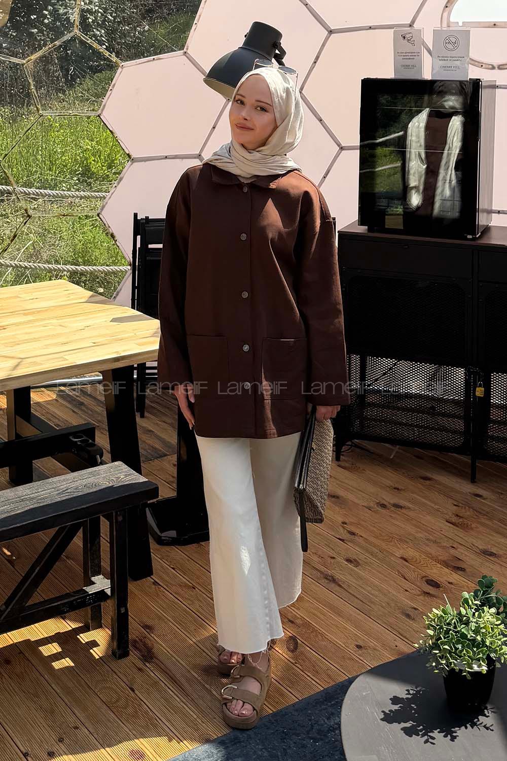 Lamelif Metal Düğme Kapama Oversize Ceket Kahverengi