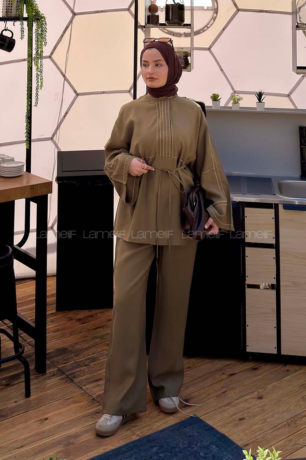 Lamelif Nakışlı Pantolonlu Takım Haki