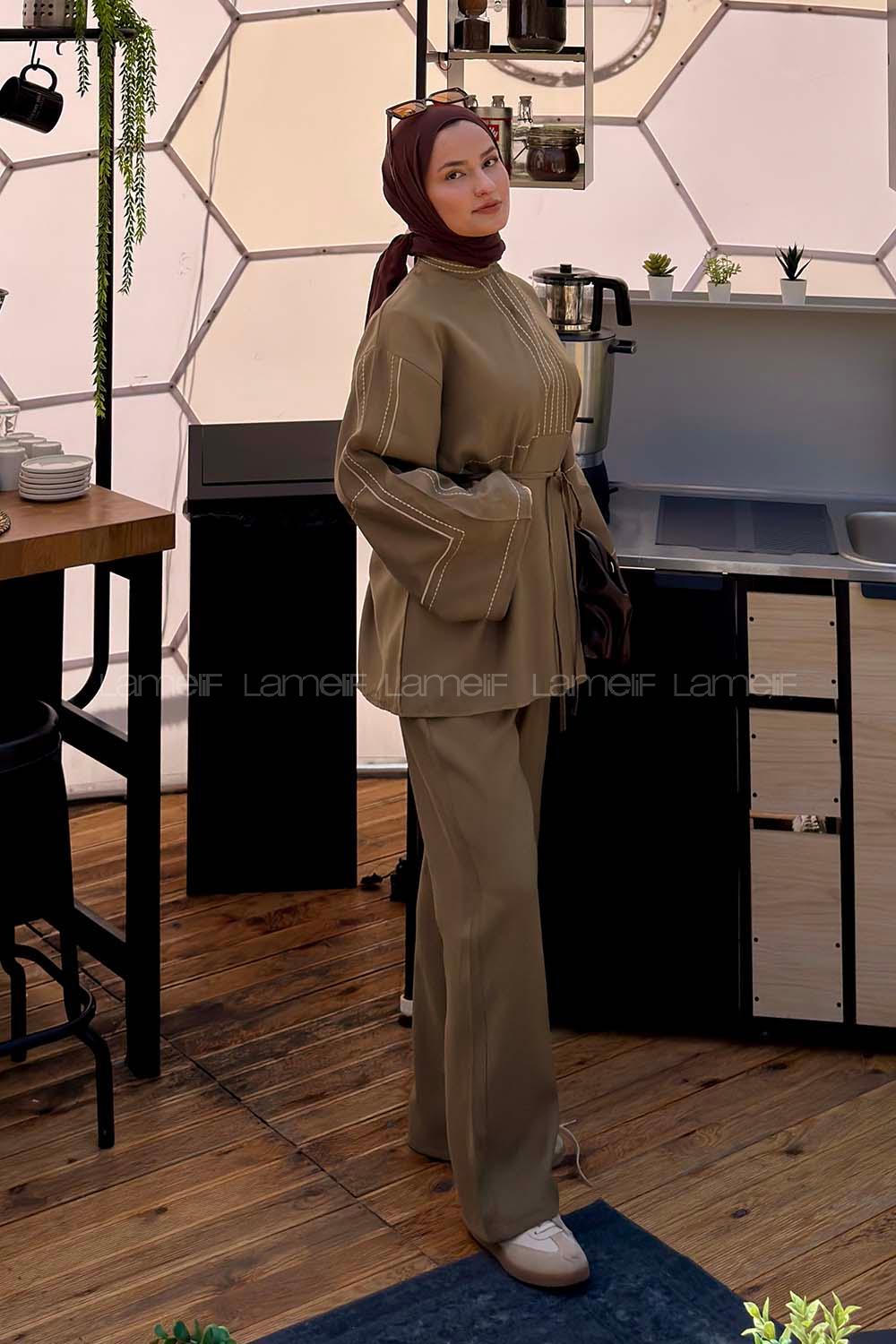 Lamelif Nakışlı Pantolonlu Takım Haki