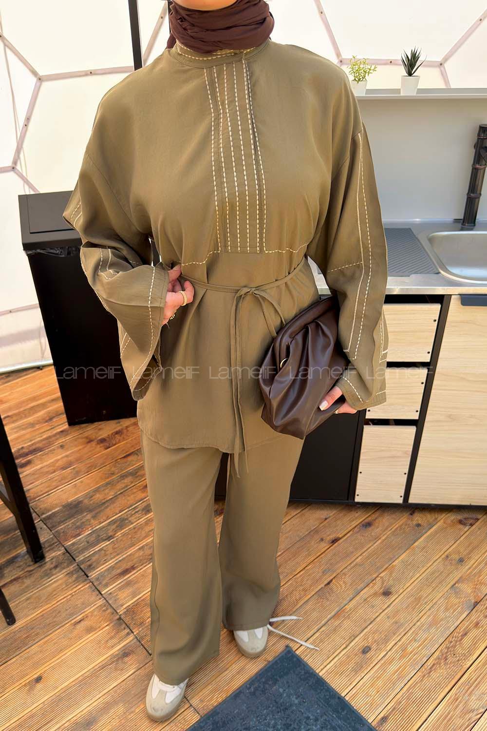 Lamelif Nakışlı Pantolonlu Takım Haki