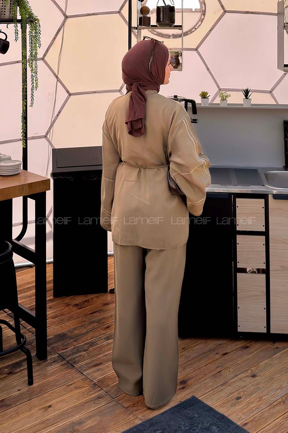 Lamelif Nakışlı Pantolonlu Takım Haki