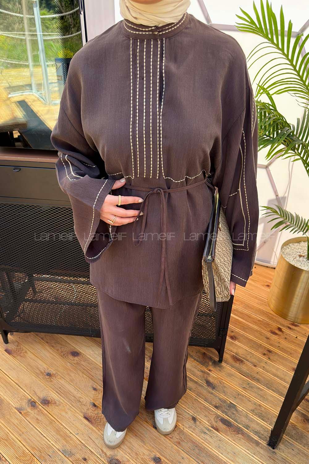 Lamelif Nakışlı Pantolonlu Takım Koyu Kahverengi