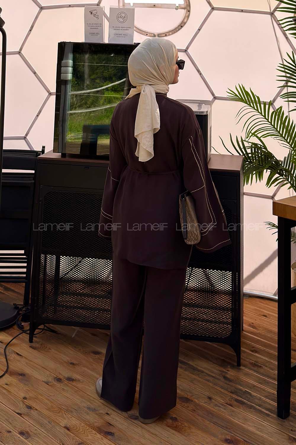 Lamelif Nakışlı Pantolonlu Takım Koyu Kahverengi