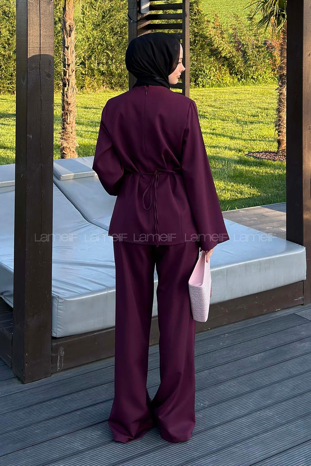 Lamelif Ön Kapama Detaylı Pantolonlu Takım Mürdüm