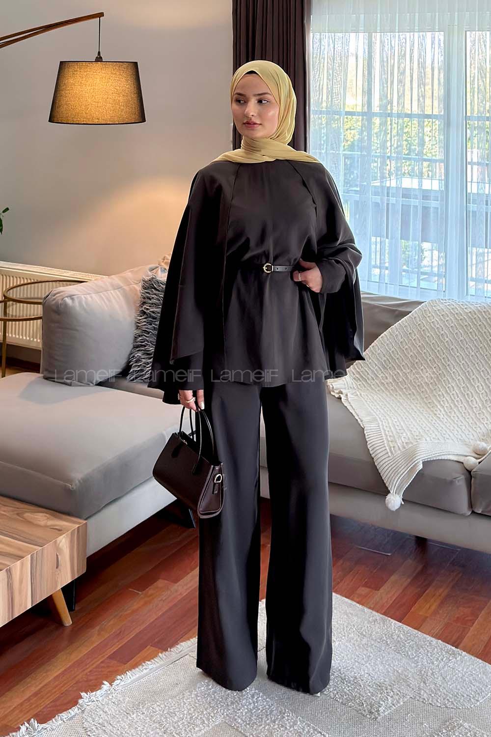 Lamelif Pelerinli Pantolonlu Takım Koyu Kahverengi