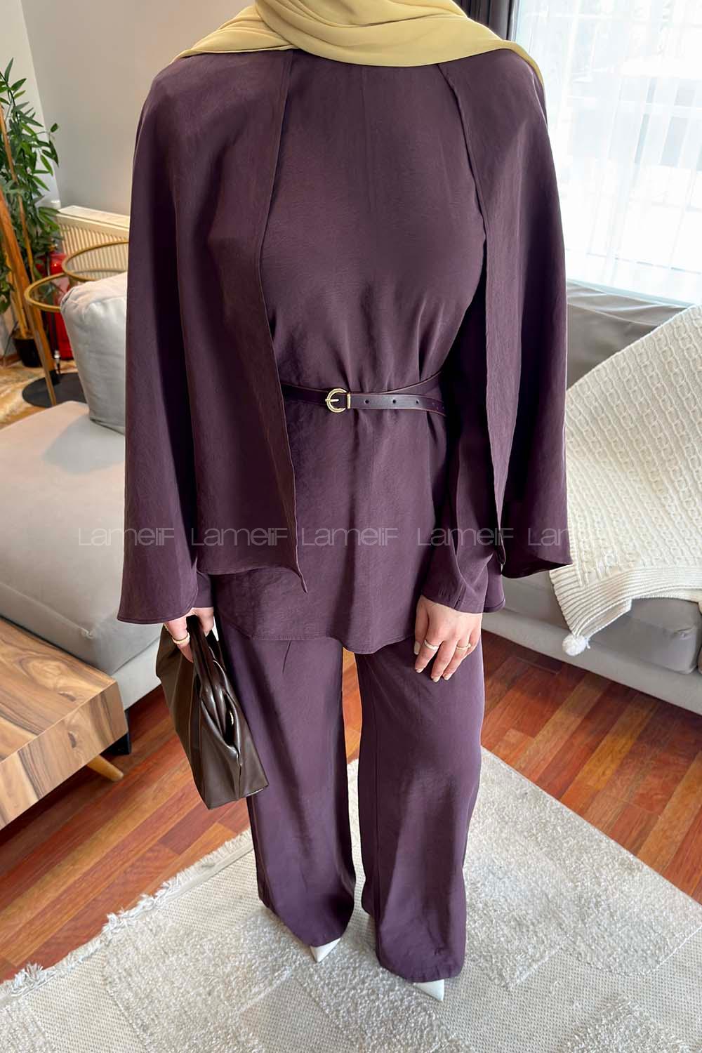 Lamelif Pelerinli Pantolonlu Takım Mürdüm