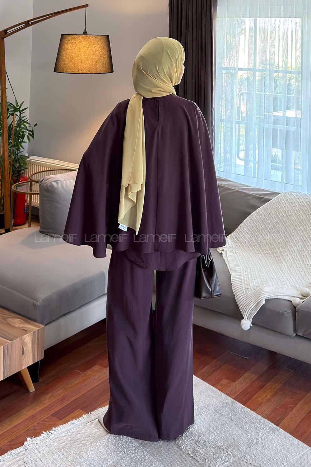 Lamelif Pelerinli Pantolonlu Takım Mürdüm