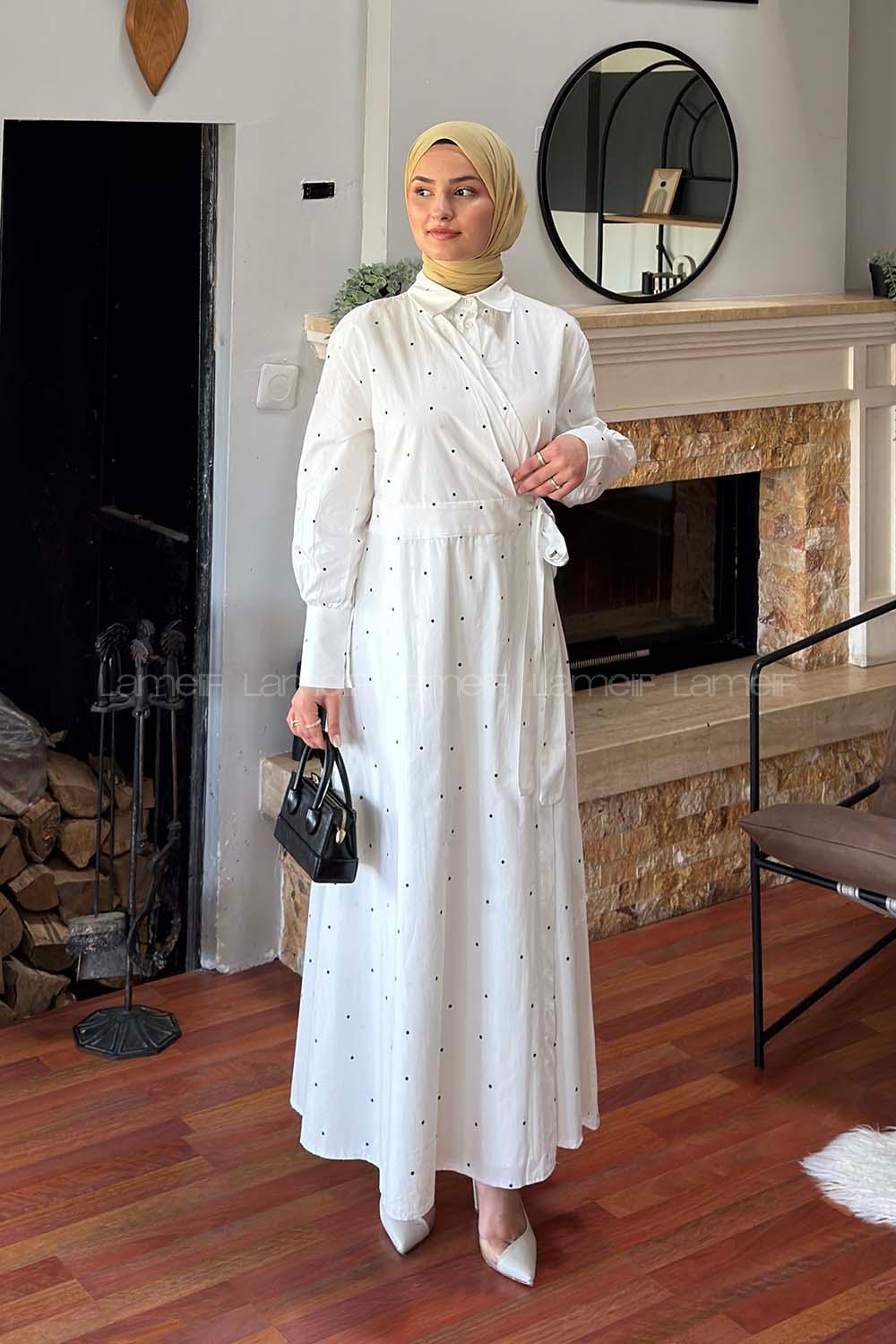 Lamelif Puantiyeli Bağlamalı Elbise Beyaz