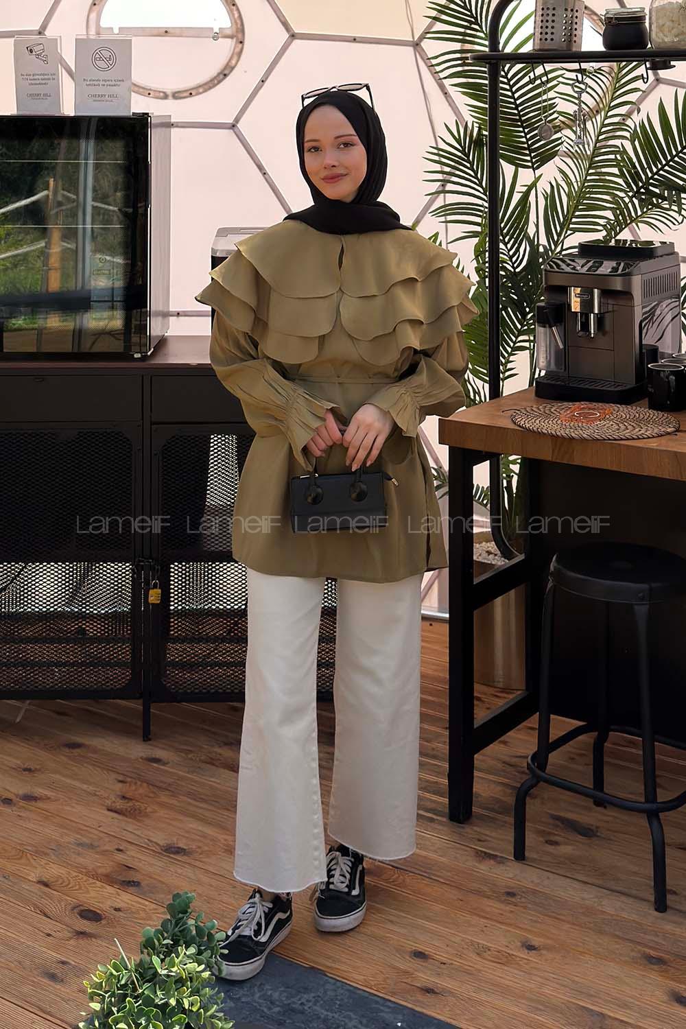 Lamelif Volan Detaylı Kol Büzgülü Gömlek Yağ Yeşili