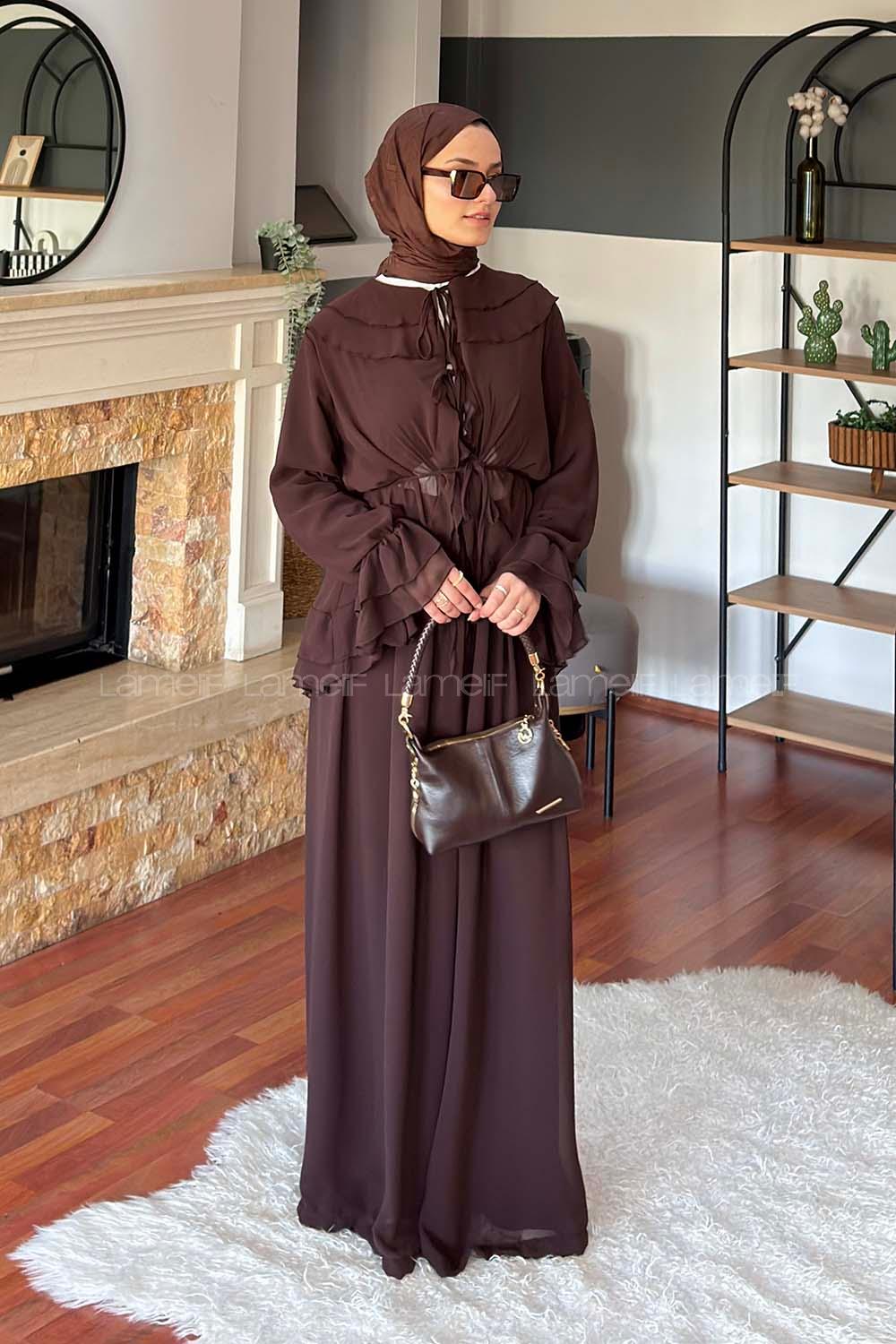 Lamelif Volan Detaylı Şifon Pantolonlu Takım Acı Kahve