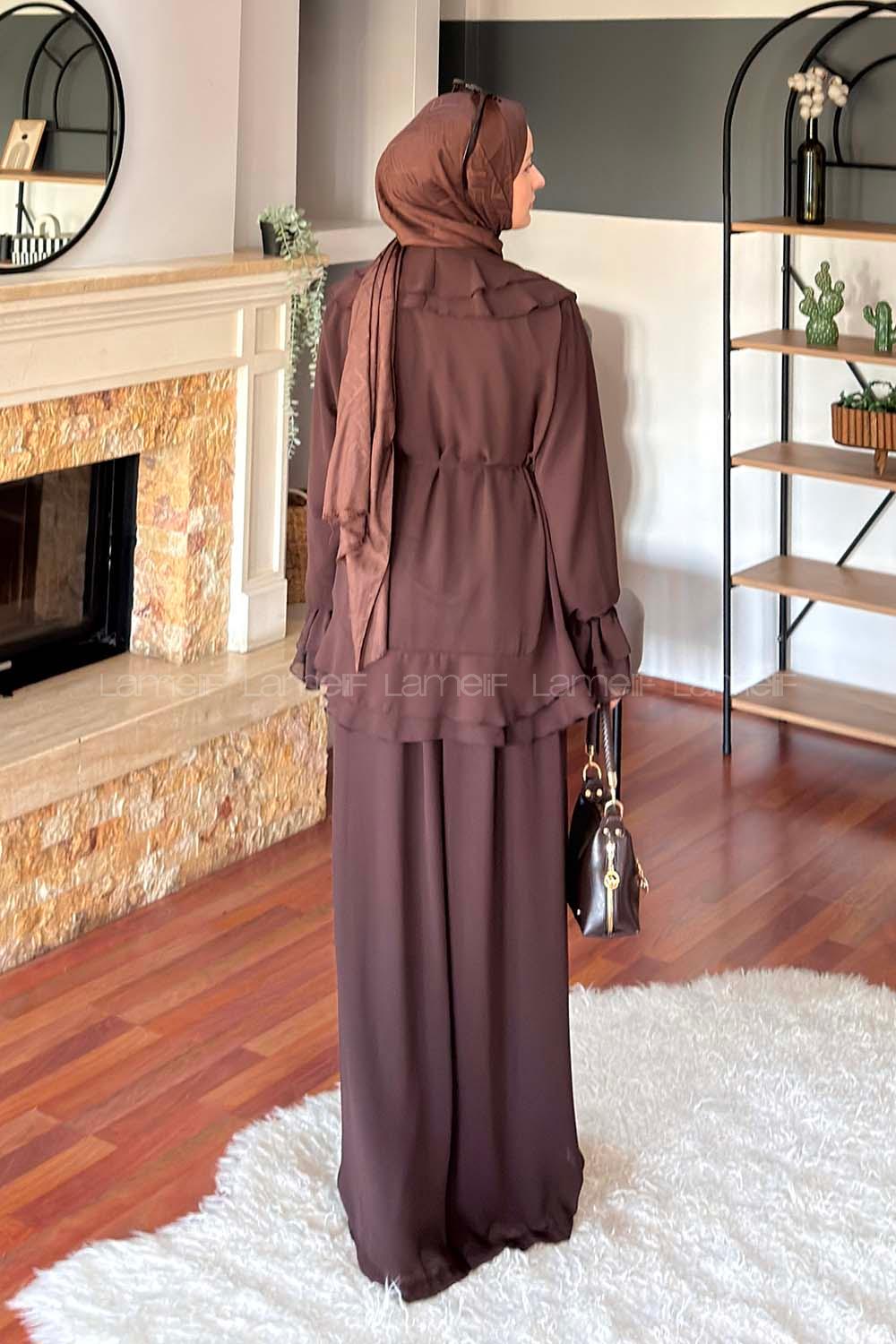 Lamelif Volan Detaylı Şifon Pantolonlu Takım Acı Kahve