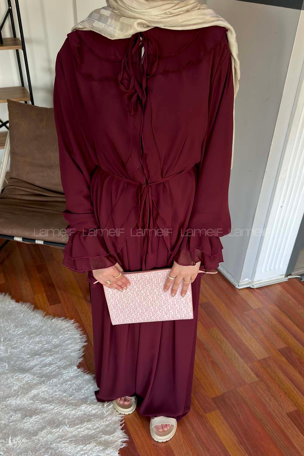 Lamelif Volan Detaylı Şifon Pantolonlu Takım Bordo