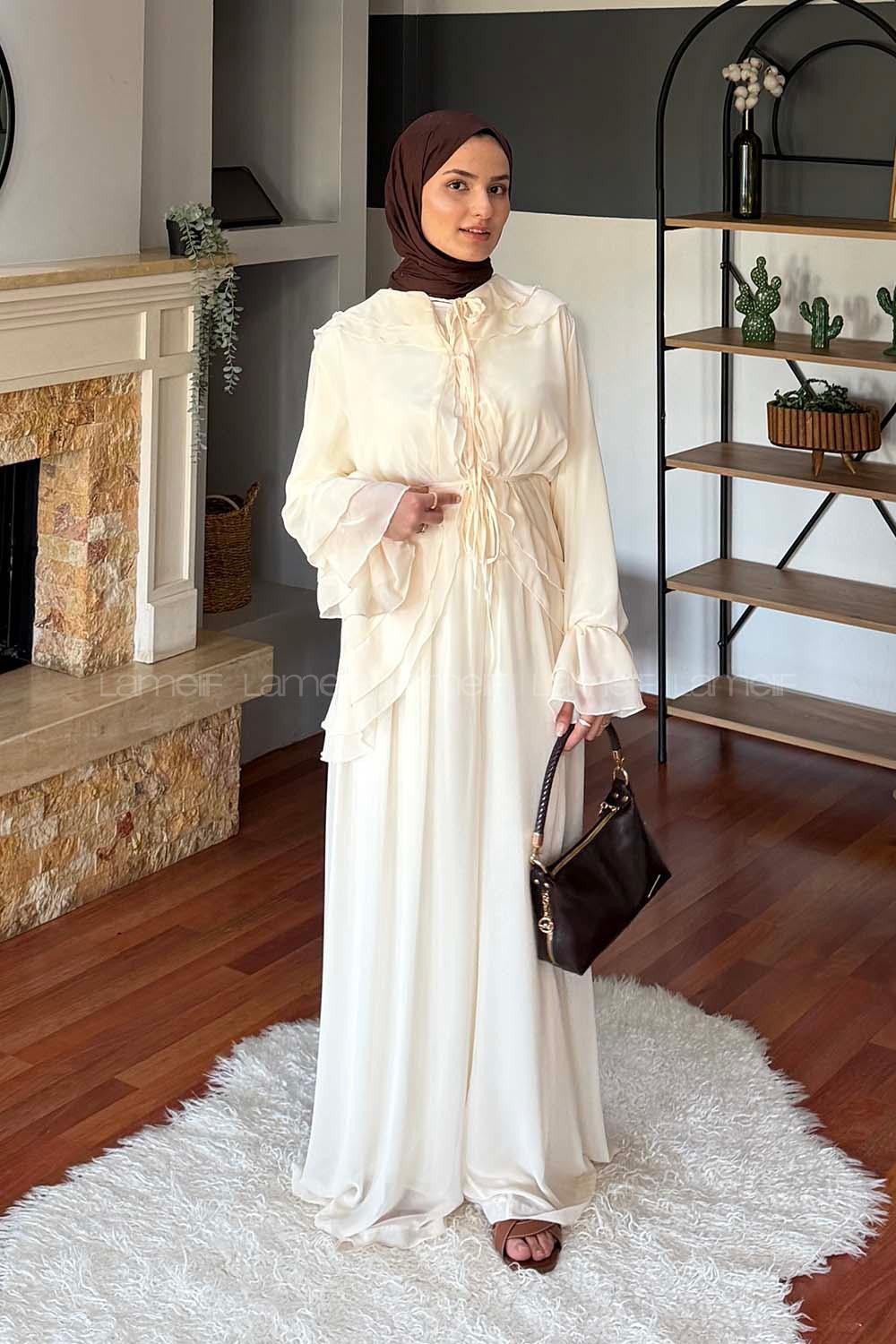 Lamelif Volan Detaylı Şifon Pantolonlu Takım Krem