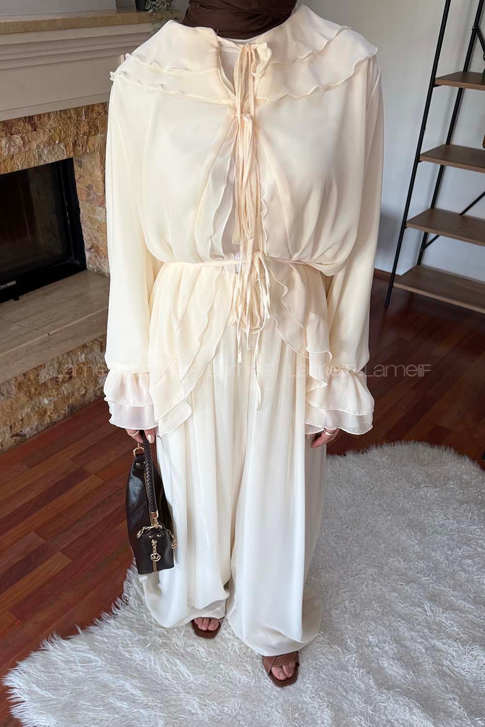 Lamelif Volan Detaylı Şifon Pantolonlu Takım Krem