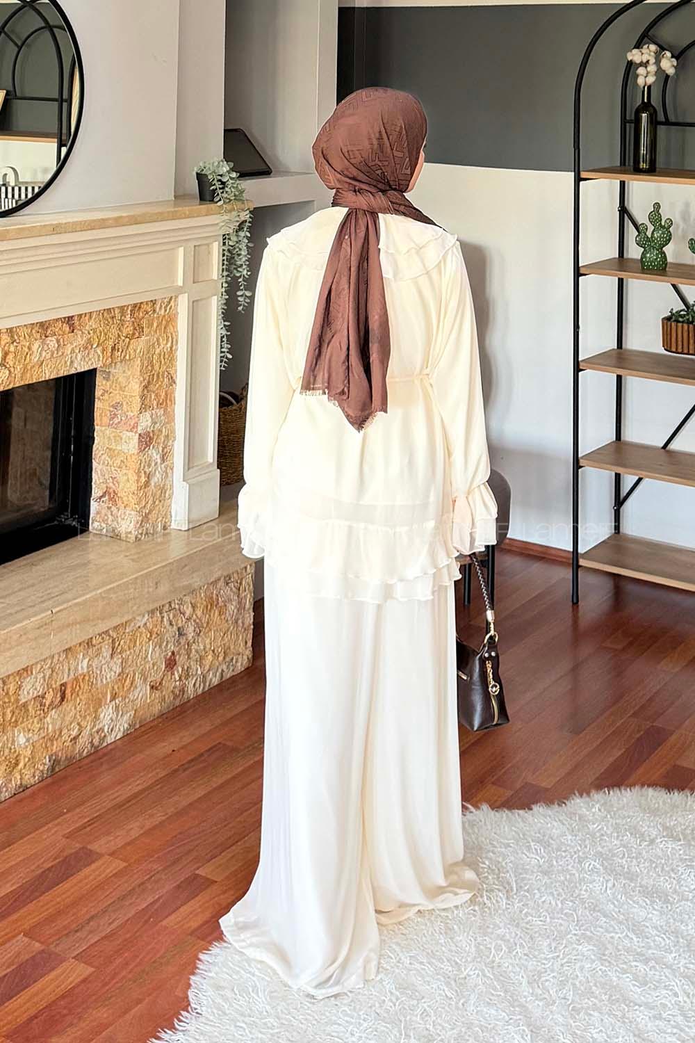 Lamelif Volan Detaylı Şifon Pantolonlu Takım Krem