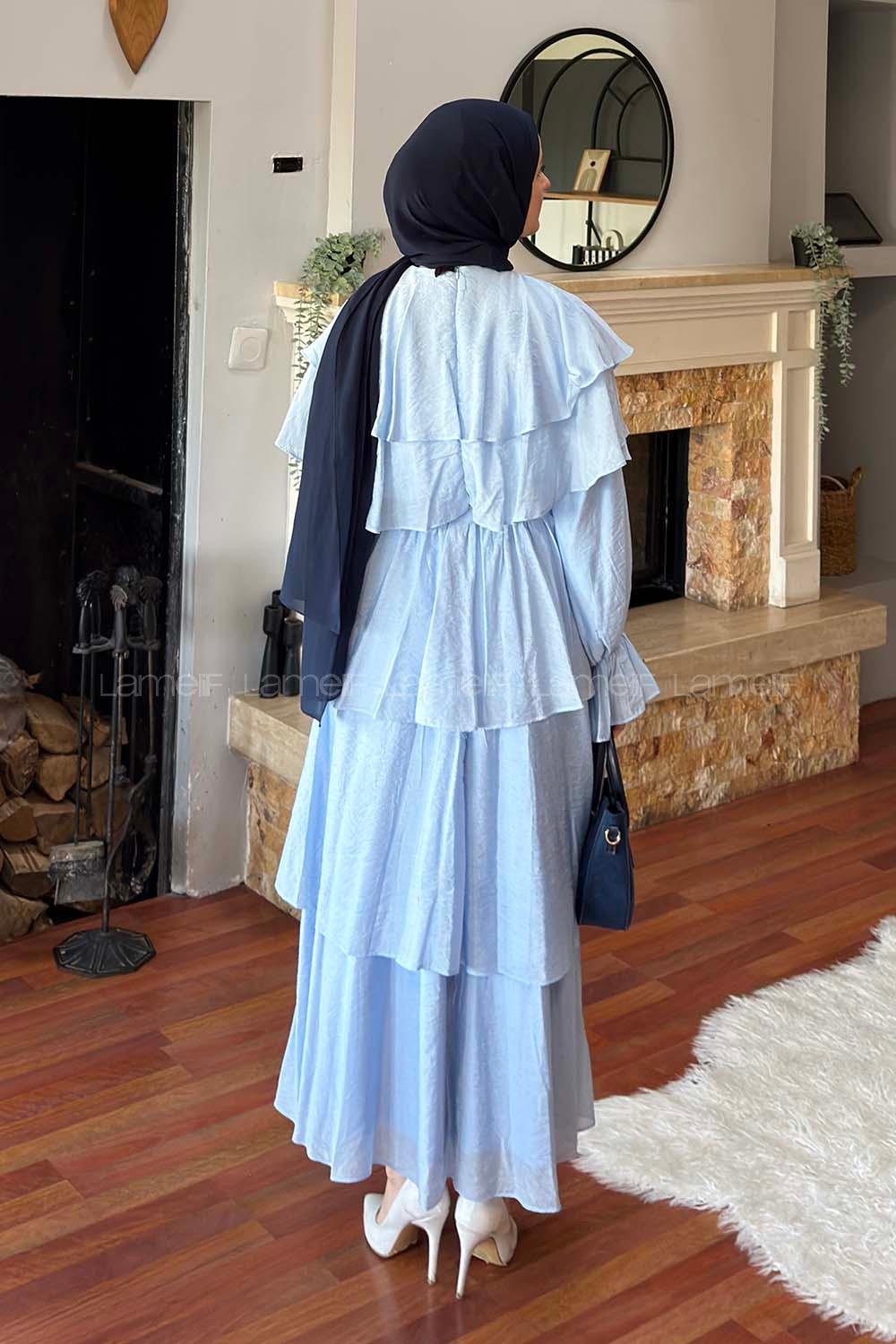 Baby Blue Crew Neck Cotton Fabric Unprinted Dresess