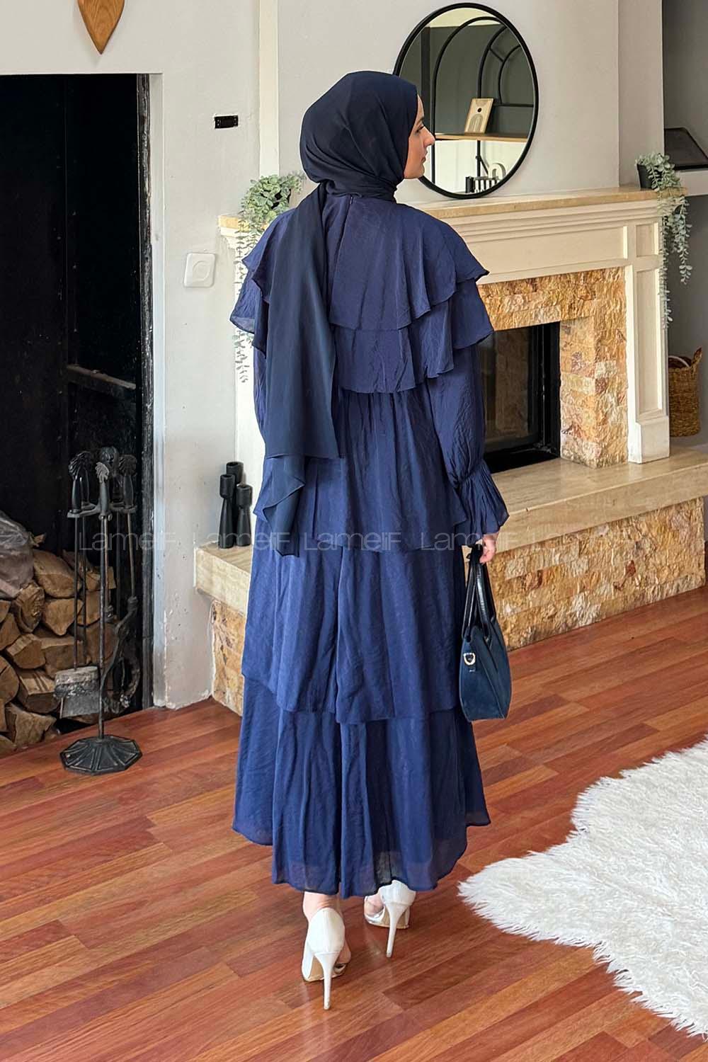Lamelif Volanlı Bağlamalı Tesettür Elbise Lacivert