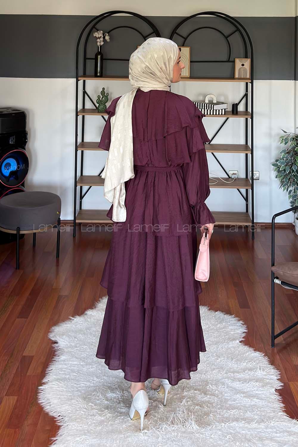 Lamelif Volanlı Bağlamalı Tesettür Elbise Mürdüm