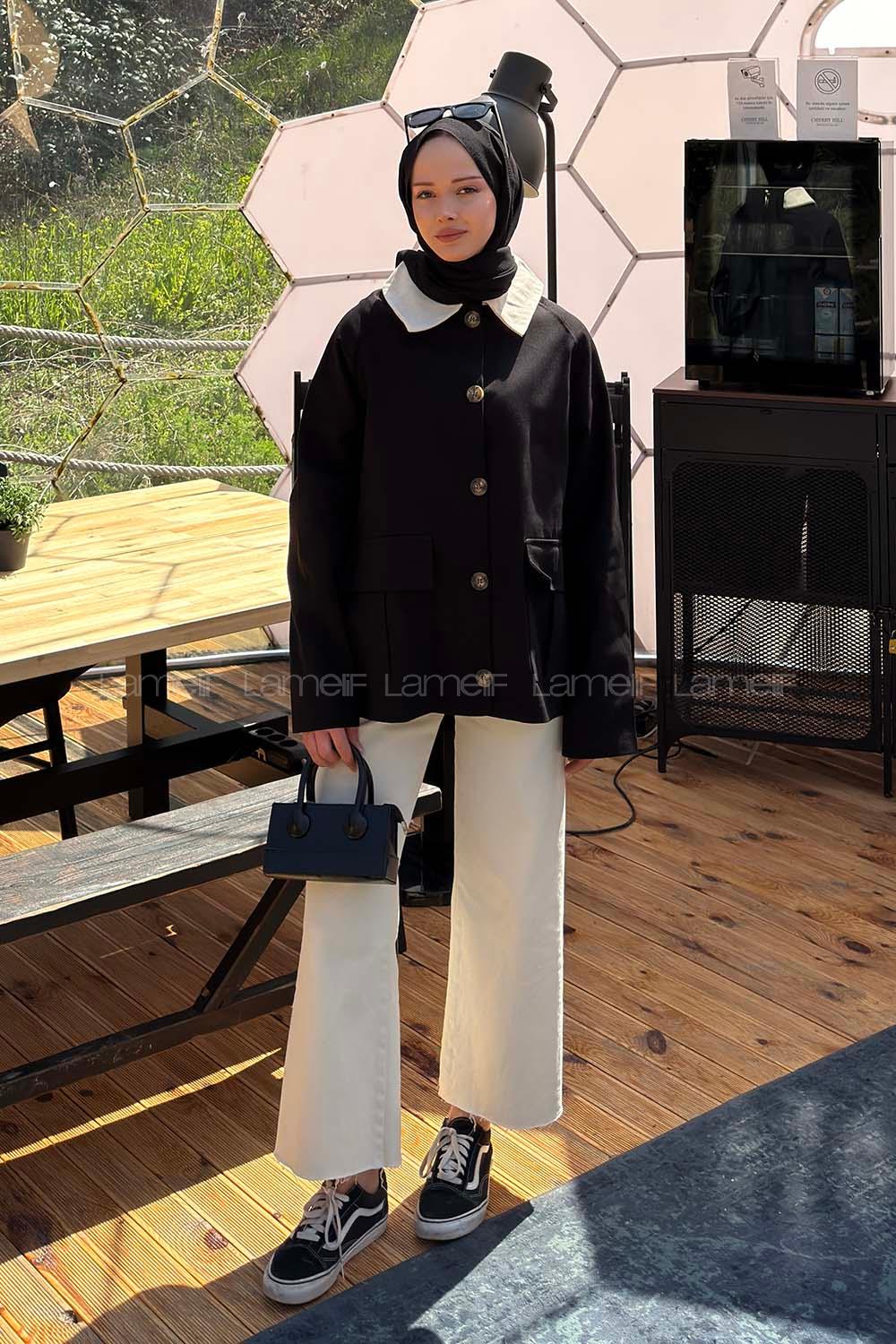 Lamelif Yaka Detaylı Parka Siyah