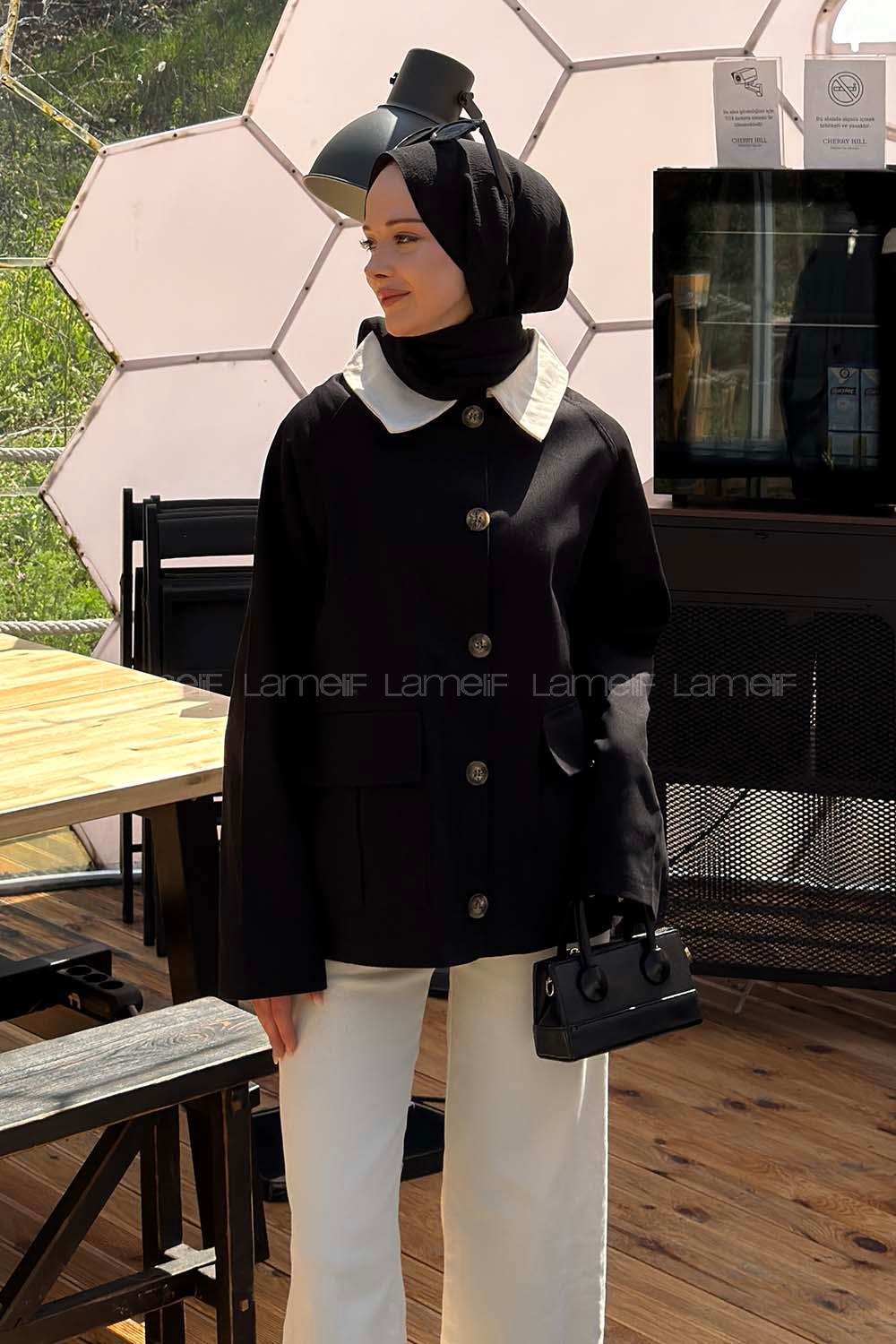 Lamelif Yaka Detaylı Parka Siyah