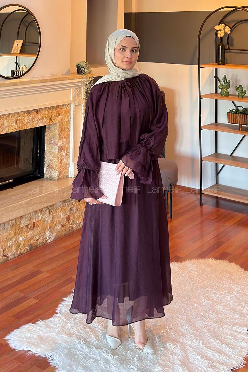 Lamelif Yakası Bağlama Detaylı Etekli Takım Mürdüm