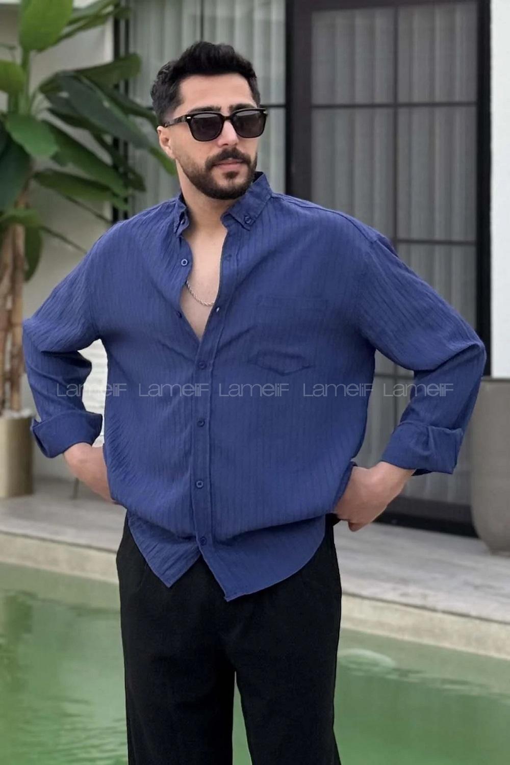 Lamelif Çizgi Detaylı Gömlek Lacivert