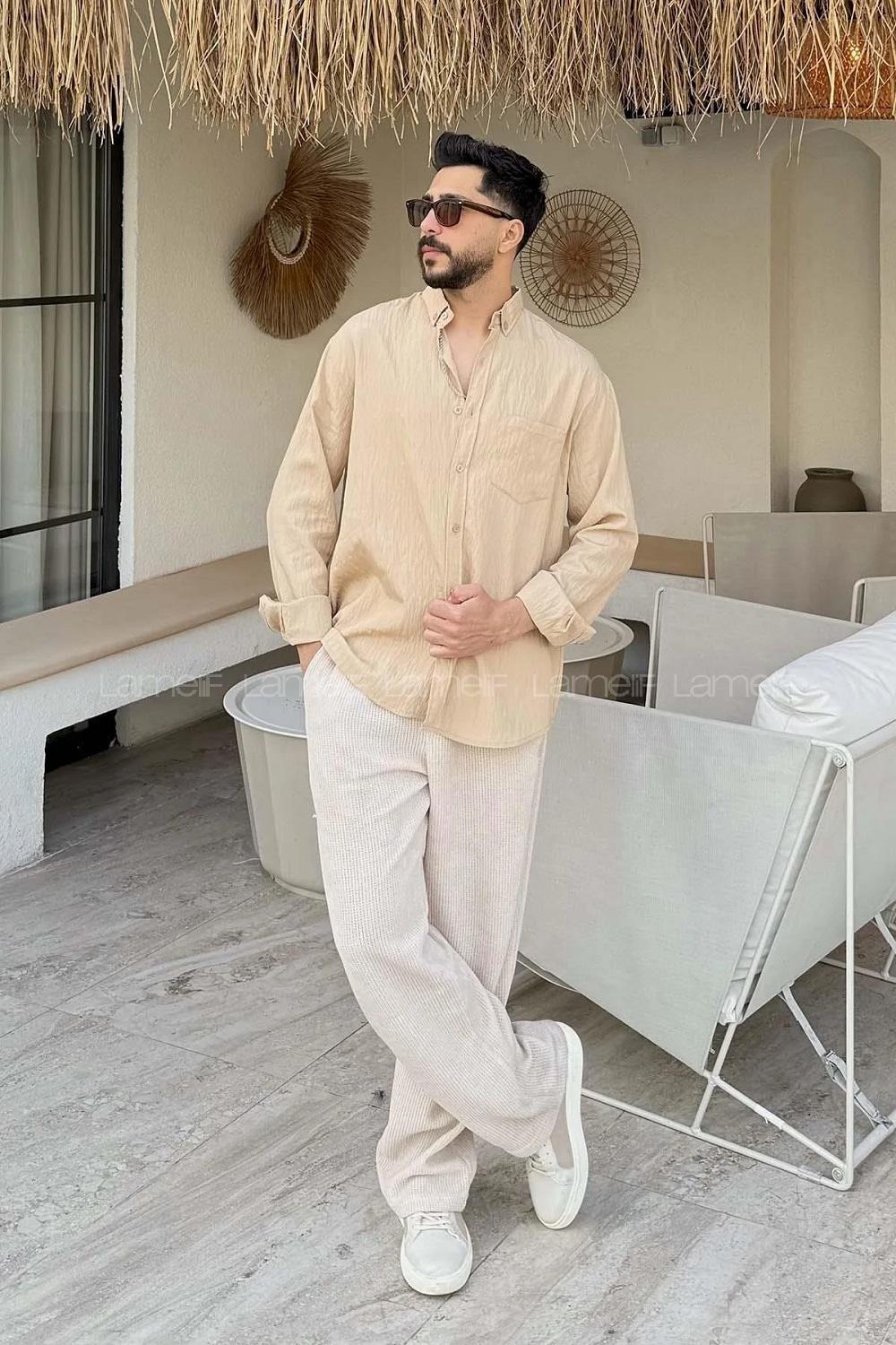 Lamelif Çizgi Detaylı Gömlek Sütlü Kahve