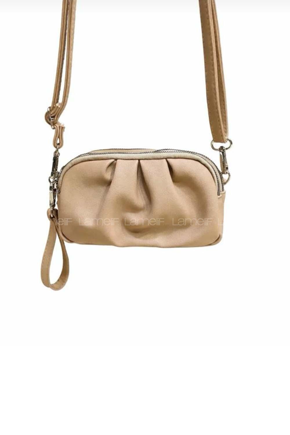 Lamelif Kadın Buruşuk Deri 3 Bölmeli Çapraz Çanta Krem