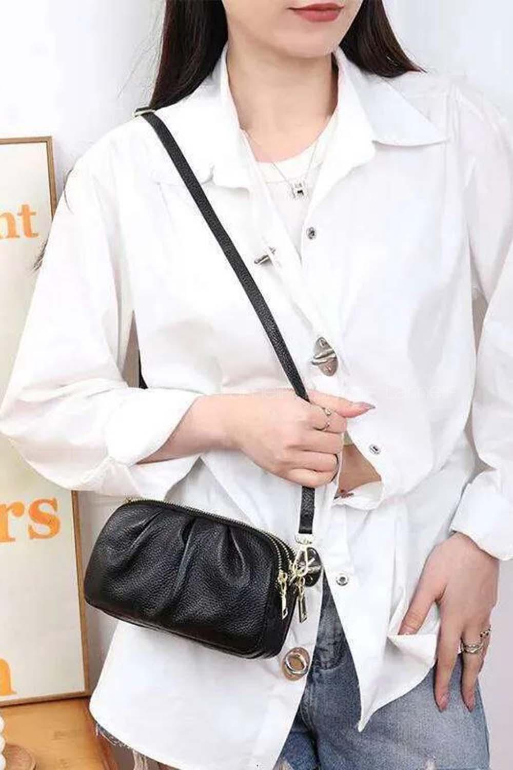 Lamelif Kadın Buruşuk Deri 3 Bölmeli Çapraz Çanta Siyah