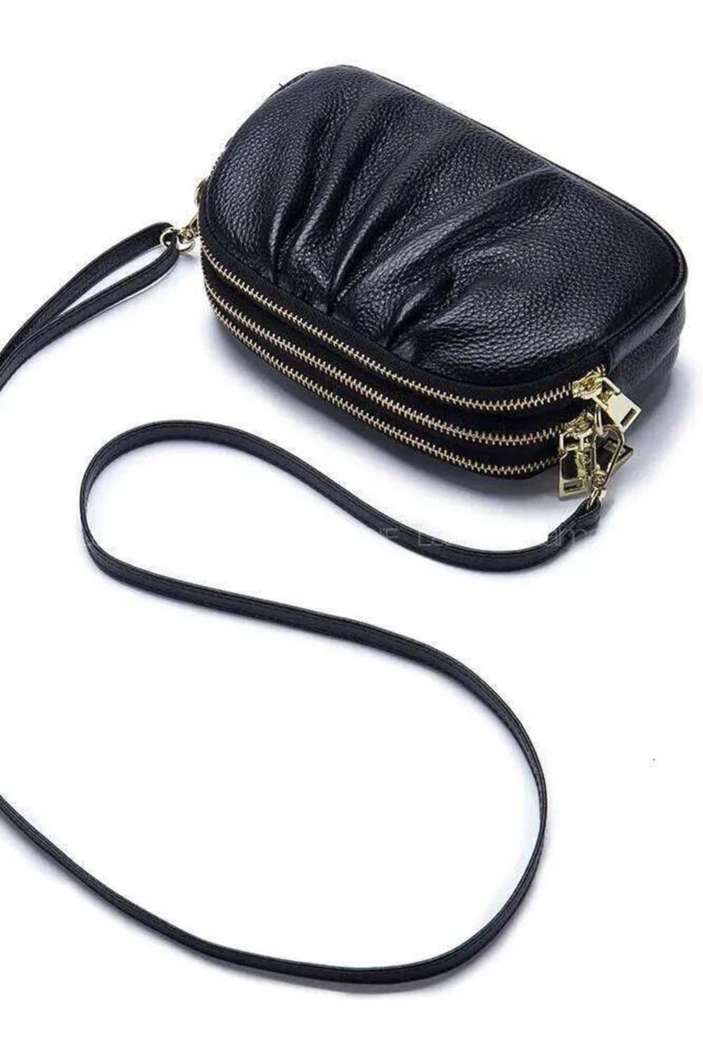 Lamelif Kadın Buruşuk Deri 3 Bölmeli Çapraz Çanta Siyah