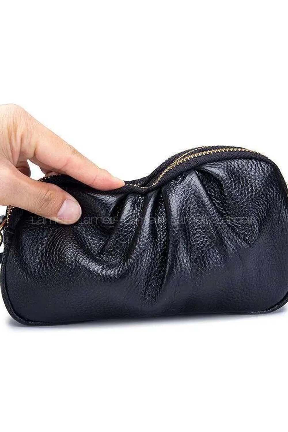 Lamelif Kadın Buruşuk Deri 3 Bölmeli Çapraz Çanta Siyah