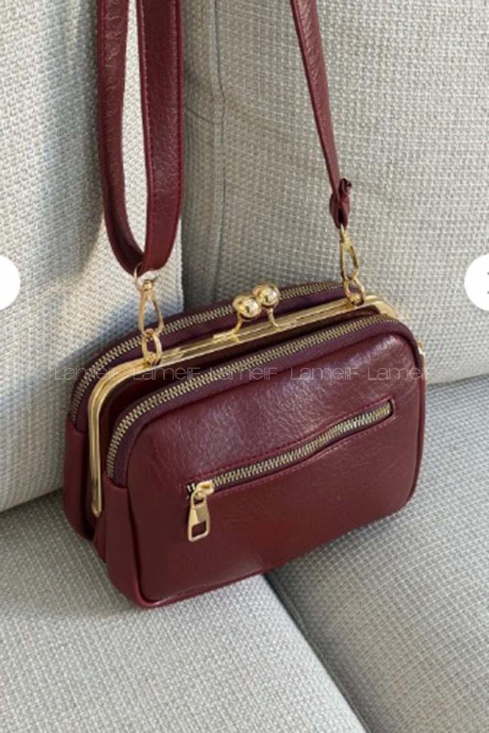 Lamelif Kadın Klipsli Çok Bölmeli Çapraz Çanta Bordo