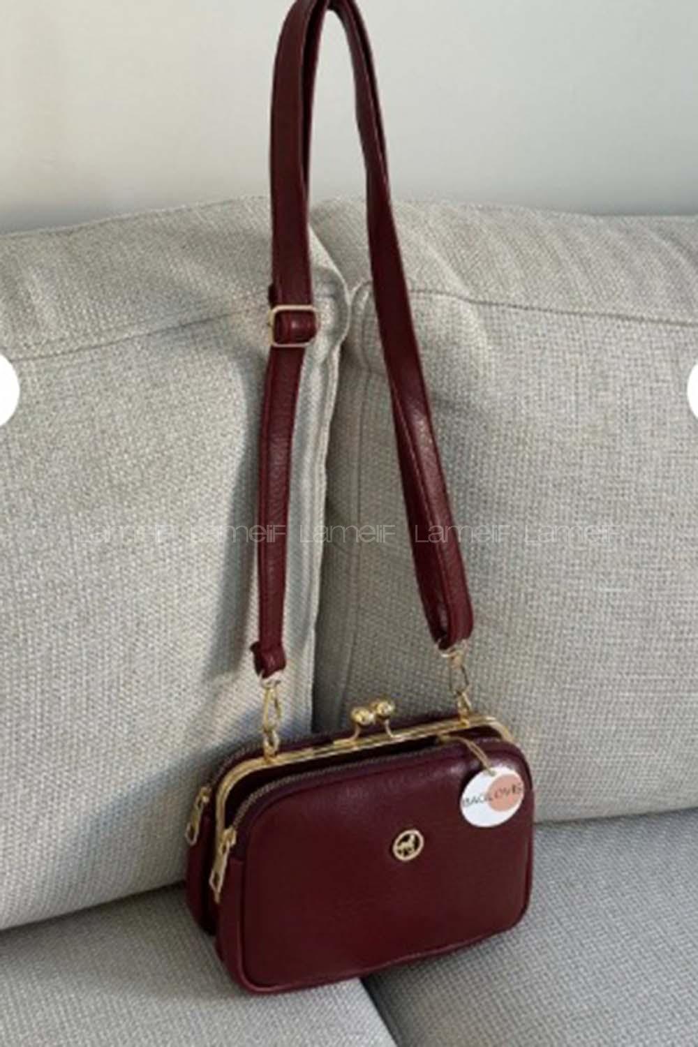 Lamelif Kadın Klipsli Çok Bölmeli Çapraz Çanta Bordo