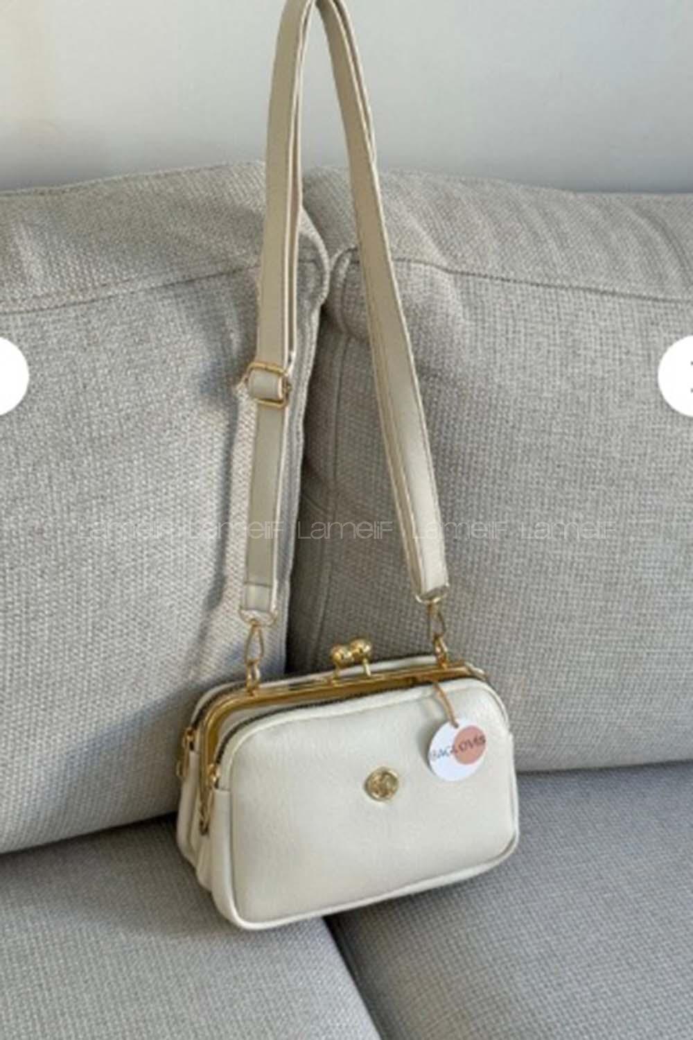 Lamelif Kadın Klipsli Çok Bölmeli Çapraz Çanta Krem