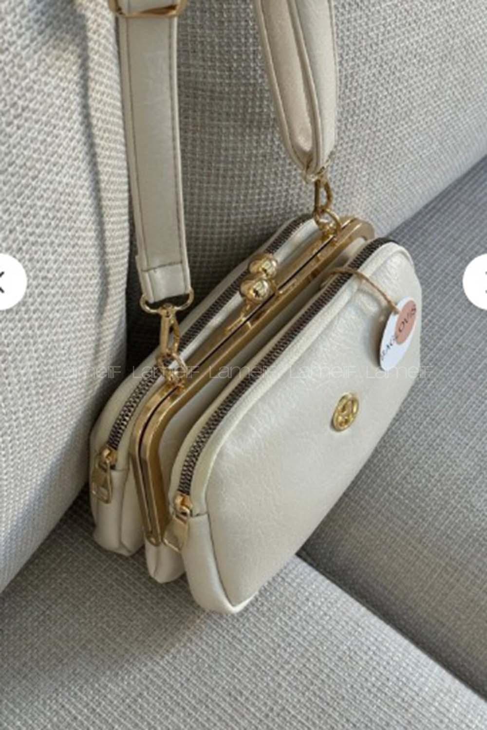 Lamelif Kadın Klipsli Çok Bölmeli Çapraz Çanta Krem