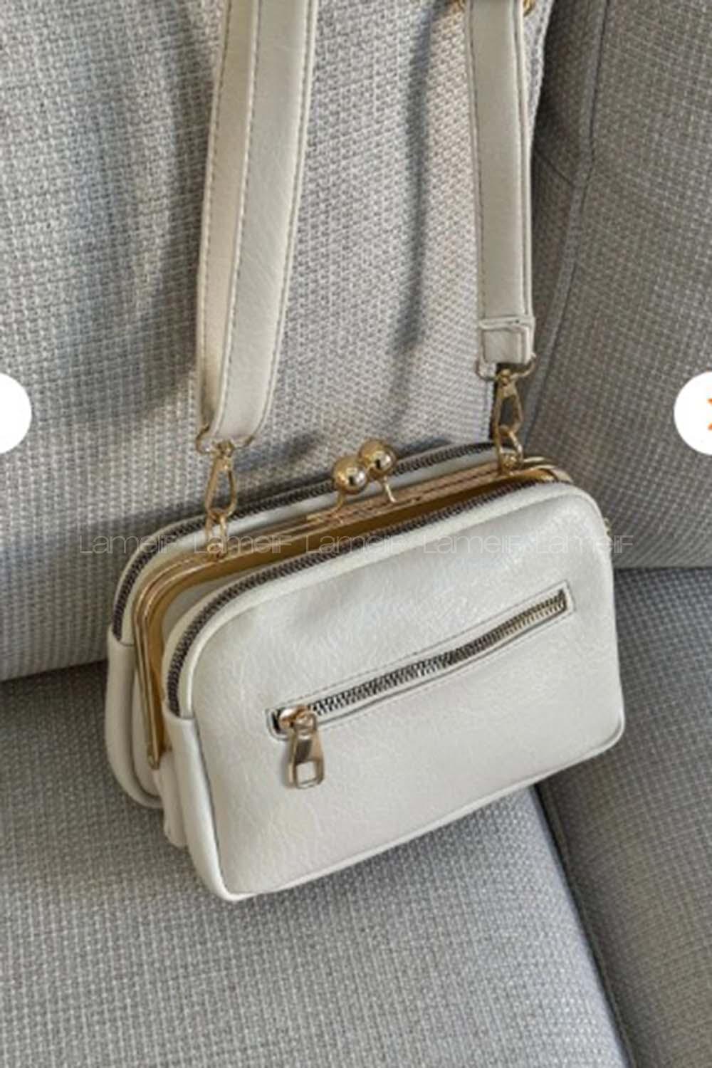 Lamelif Kadın Klipsli Çok Bölmeli Çapraz Çanta Krem