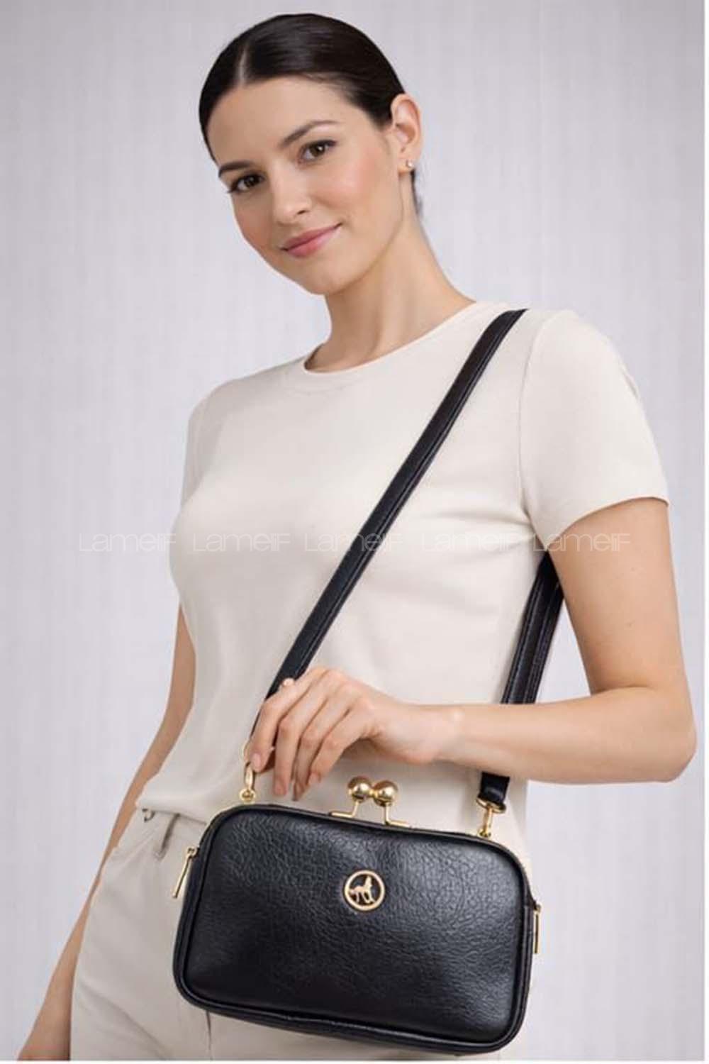 Lamelif Kadın Klipsli Çok Bölmeli Çapraz Çanta Siyah