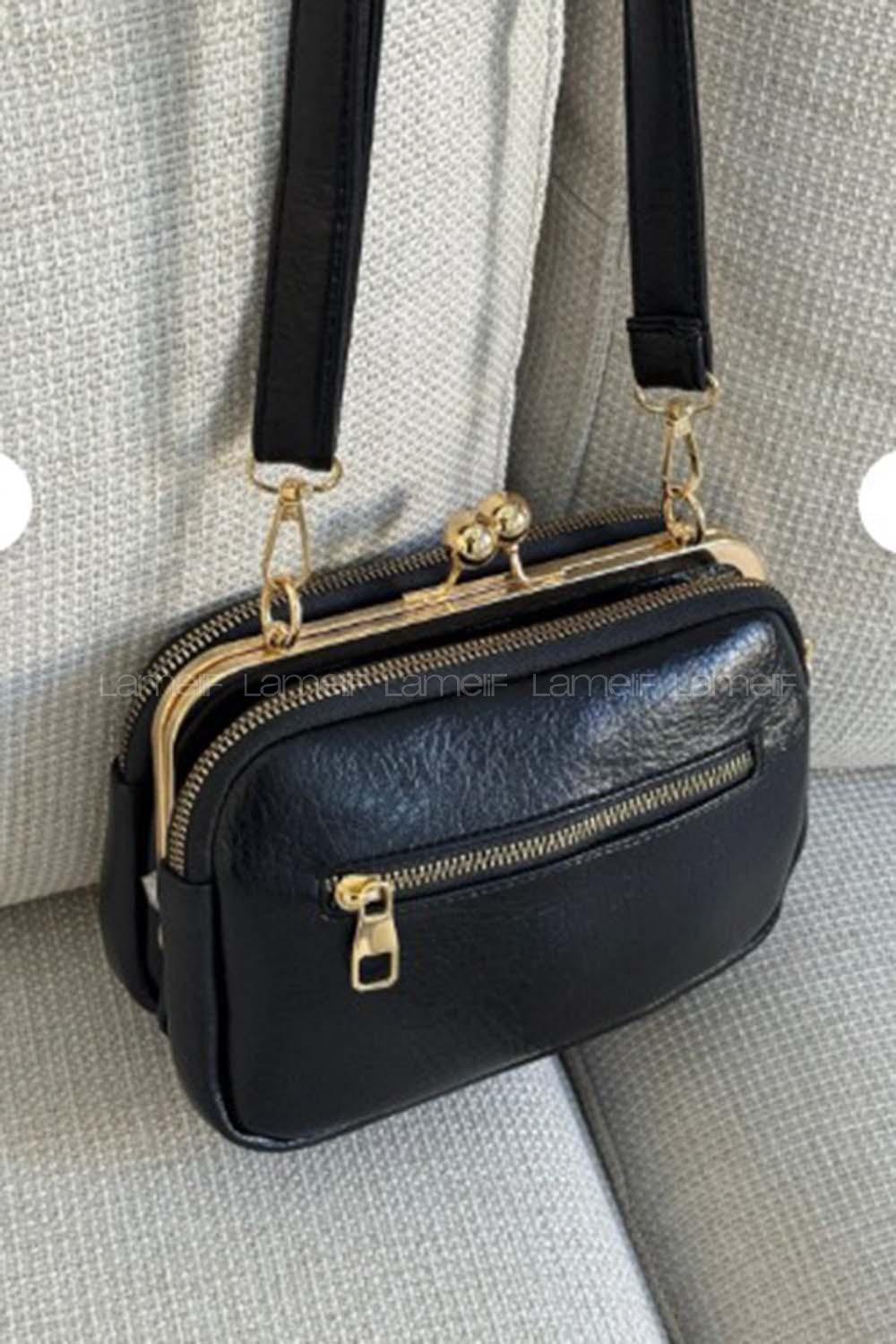 Lamelif Kadın Klipsli Çok Bölmeli Çapraz Çanta Siyah