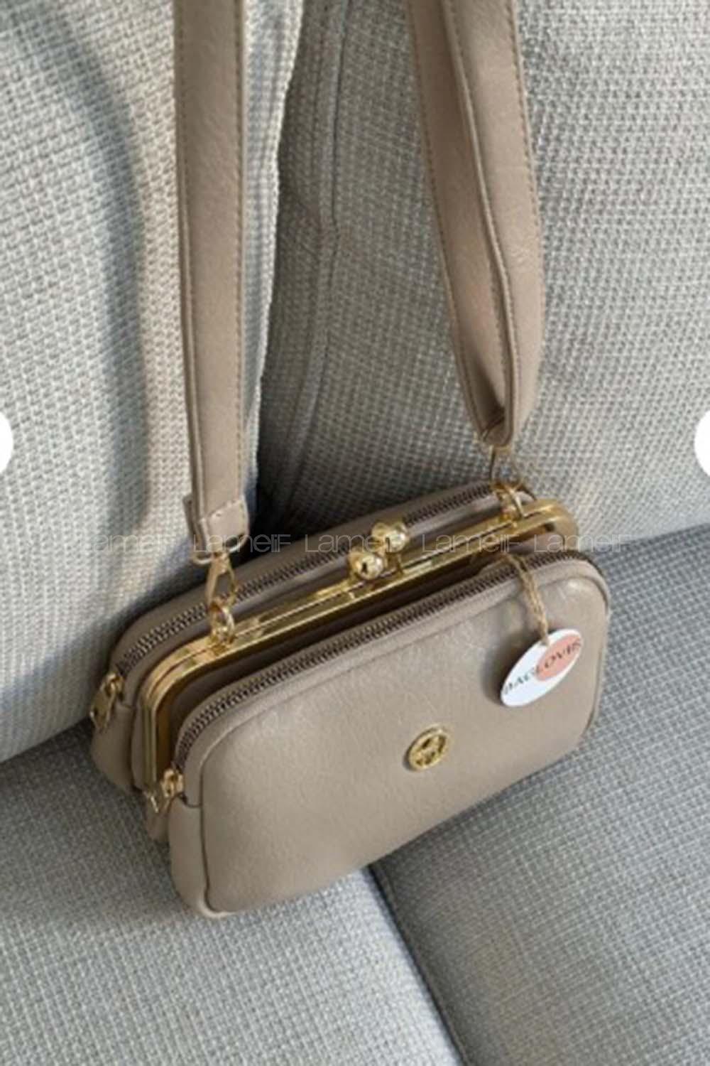 Lamelif Kadın Klipsli Çok Bölmeli Çapraz Çanta Vizonrengi