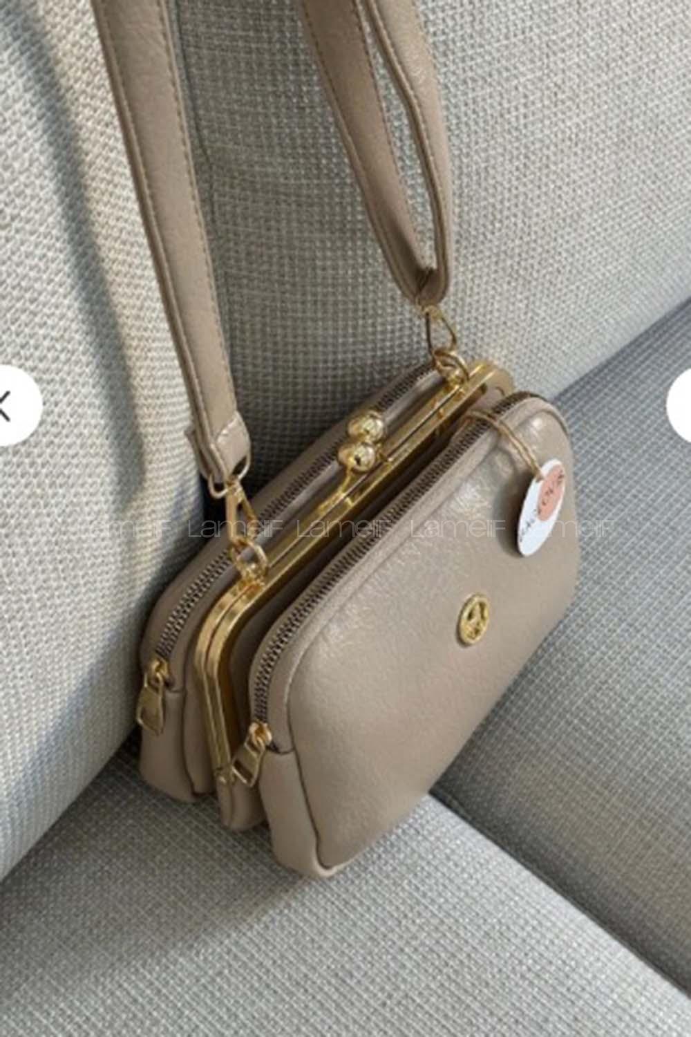 Lamelif Kadın Klipsli Çok Bölmeli Çapraz Çanta Vizonrengi