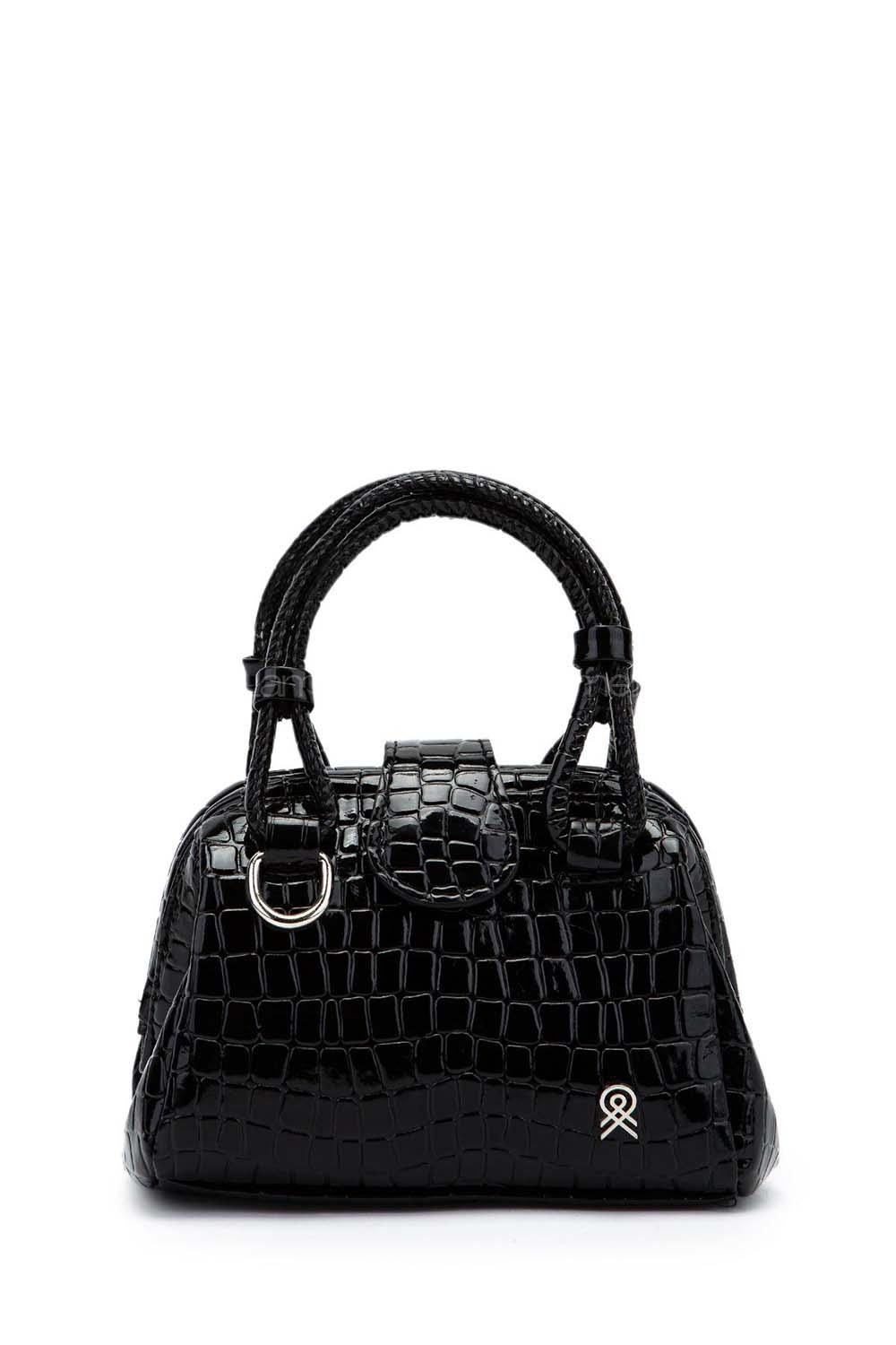 Lamelif Kroko Desenli Burslu Mekanizmalı Omuz Çantası Kadın Rugan Siyah